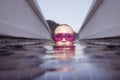 Face closeup of woman in purple sunglasses in infinity rooftop swimming pool Royalty Free Stock Photo