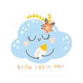 Face cloud with bottle of milk with flowers nursery boho poster. Cute childish element in simple hand-drawn Scandinavian