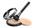 Face compact makeup powder with brush applicator and sponge. Realistic cosmetic glow baked powder in the black round plastic case