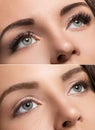 Face comparison after eyelash extension and eyebrow correction Royalty Free Stock Photo