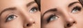 Face comparison after eyelash extension and eyebrow correction Royalty Free Stock Photo