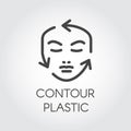 Face contour correction linear icon. Plastic surgery or cosmetic procedures pictogram. Human portrait with guide arrows