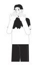 Face covering embarrassed korean young man black and white 2D line cartoon character