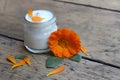 Face cream and calendula flower.Cosmetics. Royalty Free Stock Photo