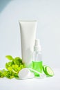 Face cream in a glass jar, slices of fresh cucumbers, green refreshing gel in a bottle, tube of cream on a white background. Fresh Royalty Free Stock Photo