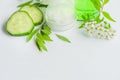 Face cream in a glass jar, slices of fresh cucumbers, green refreshing gel in a bottle on a white background. Fresh leaves and Royalty Free Stock Photo