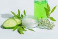 Face cream in a glass jar, slices of fresh cucumbers, green refreshing gel in a bottle on a white background. Fresh leaves and Royalty Free Stock Photo