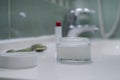 Face cream, face roller and lipstick near the sink on the counter in the bathroom Royalty Free Stock Photo