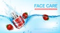 Face cream and strawberries in water splash