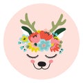 The face of a cute deer, a wreath of flowers on his head. Eyes closed and smiling. Vector illustration on a pink Royalty Free Stock Photo