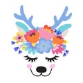 The face of a cute deer, a wreath of flowers on his head. Eyes closed and smiling. Vector illustration on a white Royalty Free Stock Photo