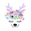 The face of a cute deer, a wreath of flowers on his head. Eyes closed and smiling. Vector illustration on a white Royalty Free Stock Photo