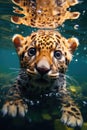 face of a cute tiger leopard cub is diving above the surface of the river water