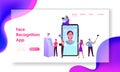 Face Detection, Facial Recognition Landing Page Template. Tiny Characters Scanning Face Id on Smartphone, Verification