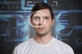 Face detection and recognition of man. Computer vision concept. Electronic circuit in background Royalty Free Stock Photo