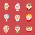 Face of elder people icons set in flat style. Pensioner head col