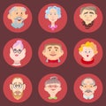 Face of elder people icons set in flat style. Pensioner head collection