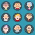 Face of elder people icons set in flat style. Pensioner head collection