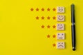 Face emotions with star ratings isolated on yellow background