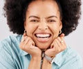 Face, excited and portrait of black woman in studio with smile, confidence and happiness on white background. Happy