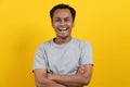 Face expression of human. Asian male laughing in studio shoot yellow background