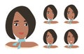 Face expressions of African American woman with dark hair. Different female emotions set. Attractive cartoon character Royalty Free Stock Photo