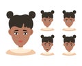 Face expressions of African American woman with dark hair. Different female emotions set. Attractive cartoon character Royalty Free Stock Photo