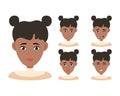 Face expressions of African American woman with dark hair. Different female emotions set. Attractive cartoon character Royalty Free Stock Photo