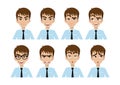 Face expressions of handsome businessman. Different male emotions set. Smart cartoon character. Vector illustration