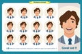 Face expressions of a man.Different male emotions set.Flat character. Young businessman in a suit. Isolated vector