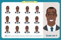 Face expressions of a man.Flat cartoon character. Businessman in a suit and tie.Black American