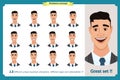 Face expressions of a man.Flat cartoon character. Businessman in a suit and tie.