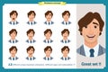 Face expressions of a man.Flat cartoon character. Businessman in a suit and tie.