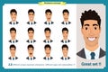 Face expressions of a man.Flat cartoon character. Businessman in a suit and tie.