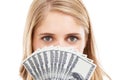 Face, eyes and woman with money fan, bonus for success or reward, cashback or lotto win on white background. Cash, award