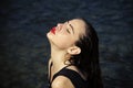 Woman swim at beach, nature, wet girl with long hair. Royalty Free Stock Photo