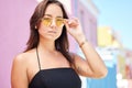 Face, fashion sunglasses and portrait of woman, cool and trendy style outdoors. Beauty, gen z and elegant female model Royalty Free Stock Photo