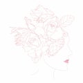 Spring. Summer. Cute illustration of a line woman with roses flowers head, young people for a poster, card, flyer or banner.