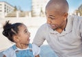 Face, funny and joke with a father and daughter playing together or bonding outdoor in a city during summer. Family Royalty Free Stock Photo