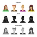 The face of a girl with glasses, a woman with a hairdo. Face and appearance set collection icons in cartoon,black