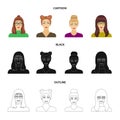 The face of a girl with glasses, a woman with a hairdo. Face and appearance set collection icons in cartoon,black