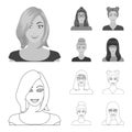 The face of a girl with glasses, a woman with a hairdo. Face and appearance set collection icons in outline,monochrome