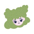 Face girl with green curly hairstyle cartoon isolated icon style