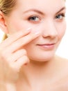 Face girl with healthy pure complexion. Skin care. Royalty Free Stock Photo