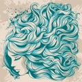 Face girl with long hair, beautiful hairstyle with blue curls