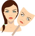 Face of a girl and mask with aged face. concept of rejuvenation. vector illustration