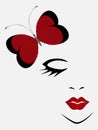 Face of a girl with a red butterfly on a white background.