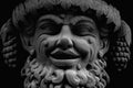 Face of god of wine, fun and entertainment Bacchus (Dionysus). Black and white image. Fragment of an ancient statue