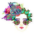 Face with green fairy eyes with makeup, turquoise, purple butterfly wings shape eyeshadows, floral abstract hairstyle