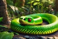 Face of green snake coiling in greenery of summer forest